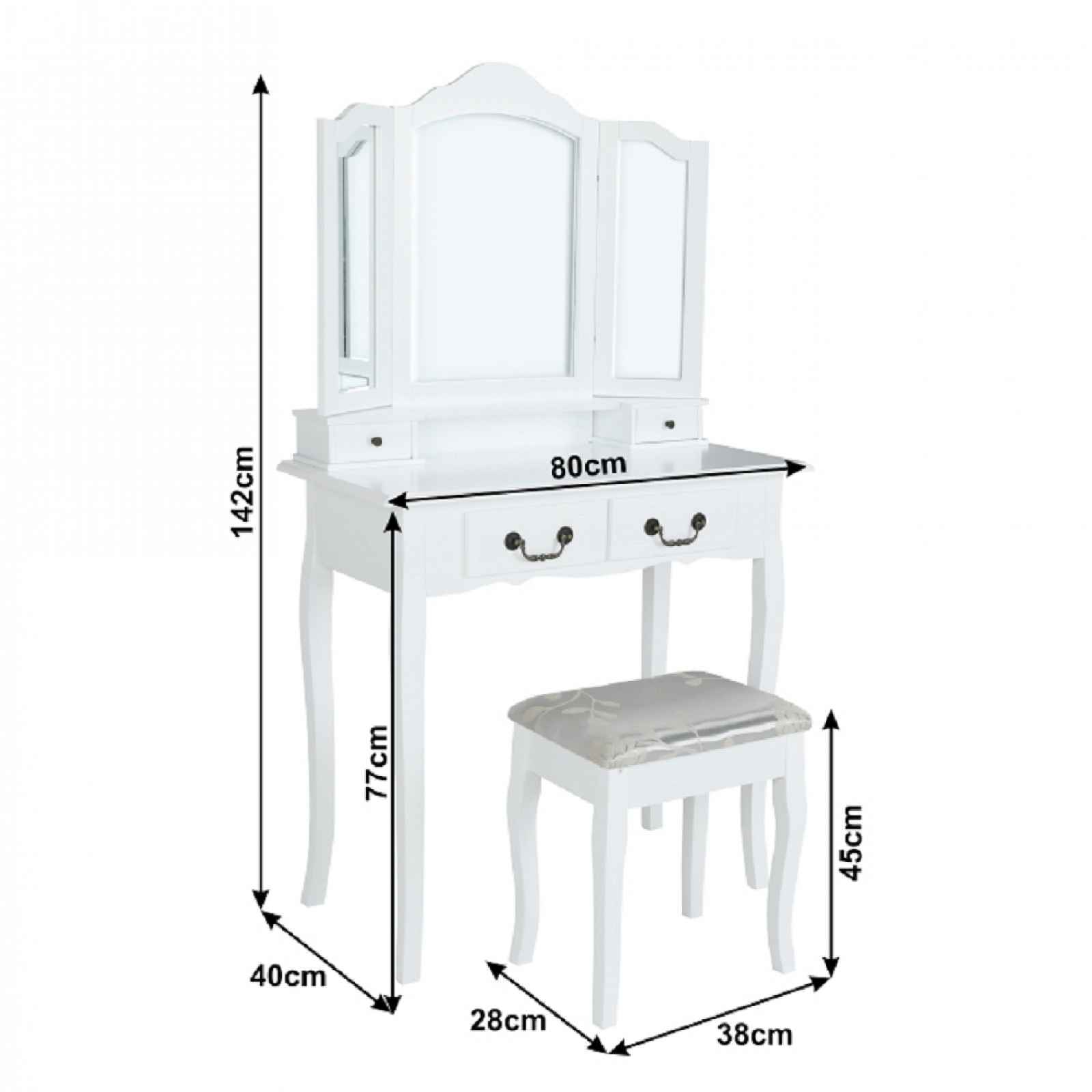 Toaletní stolek s taburetem, bílá/stříbrná, REGINA NEW