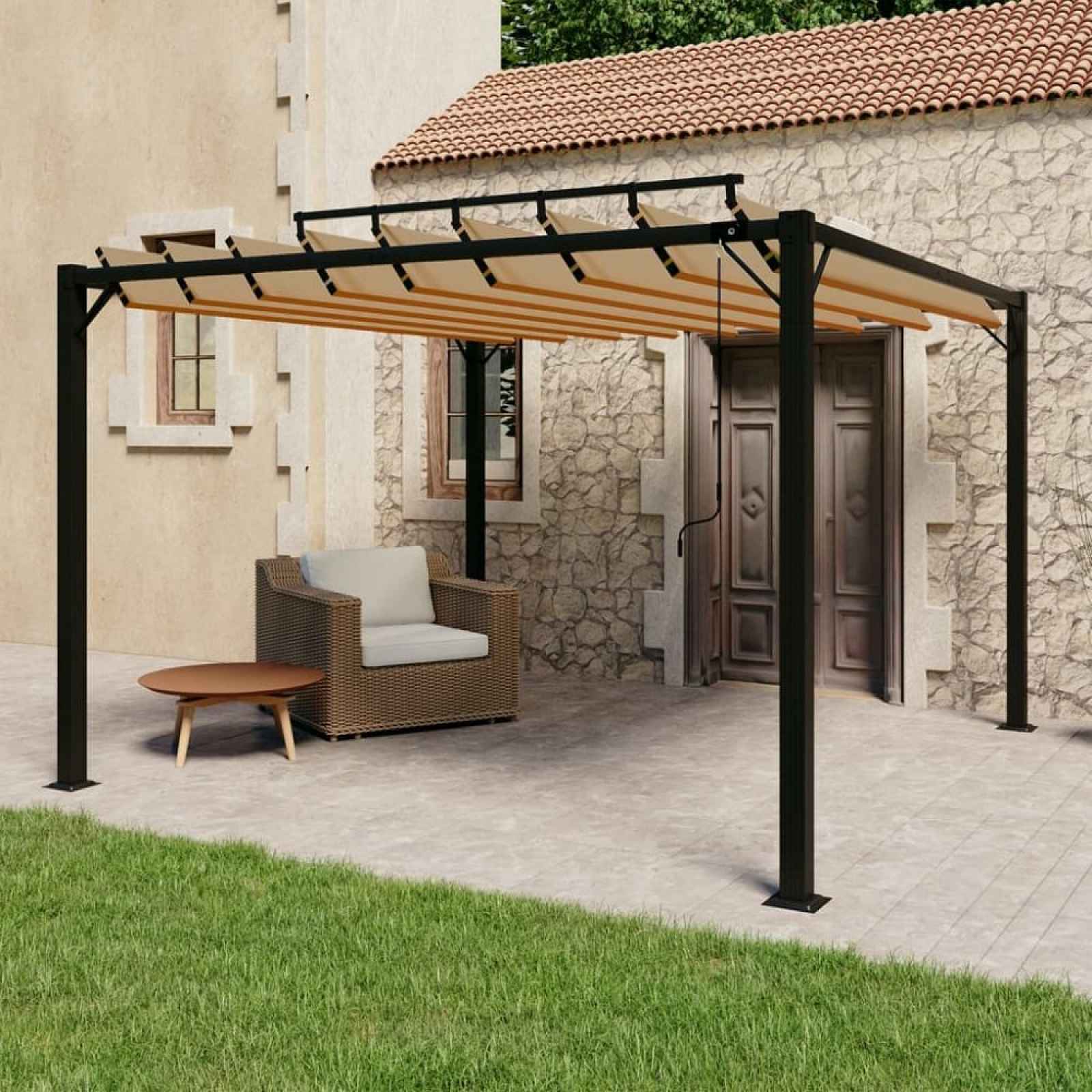 Pergola s lamelovou střechou 3 x 3 m hliník / látka Dekorhome Šedohnědá taupe