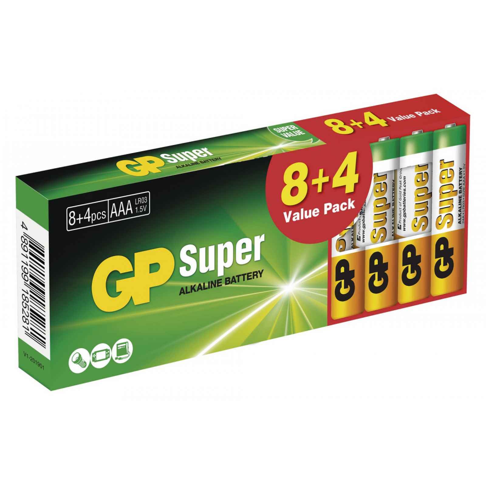 Alkalické baterie GP Super AAA (LR03) 8+4 ks