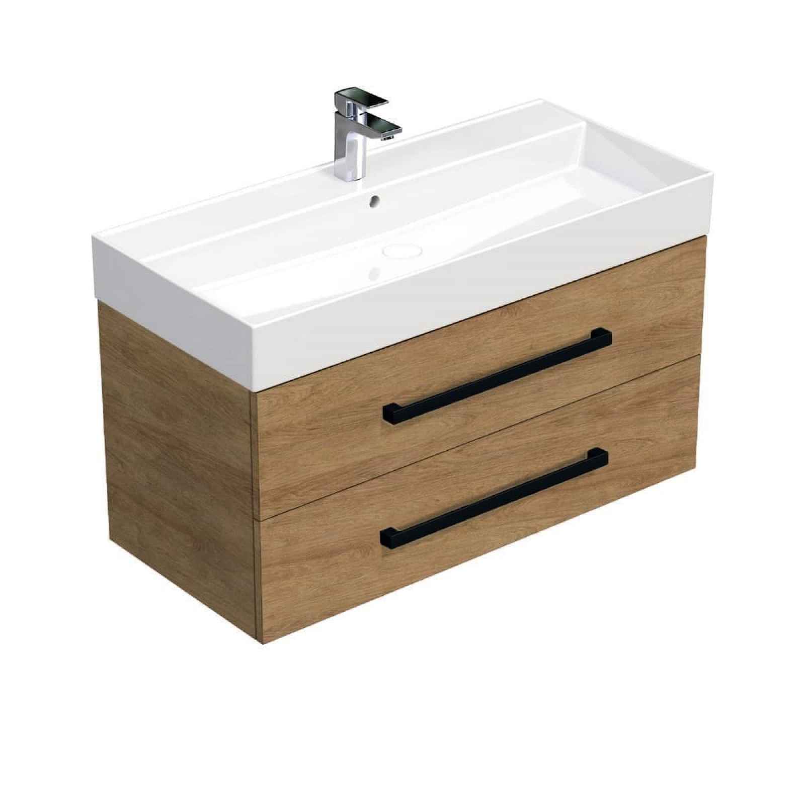 Koupelnová skříňka s černou úchytkou a umyvadlem SAT Cube Way 100x47,5x46 cm dub Hickory mat CUBE46C1002DHSAT