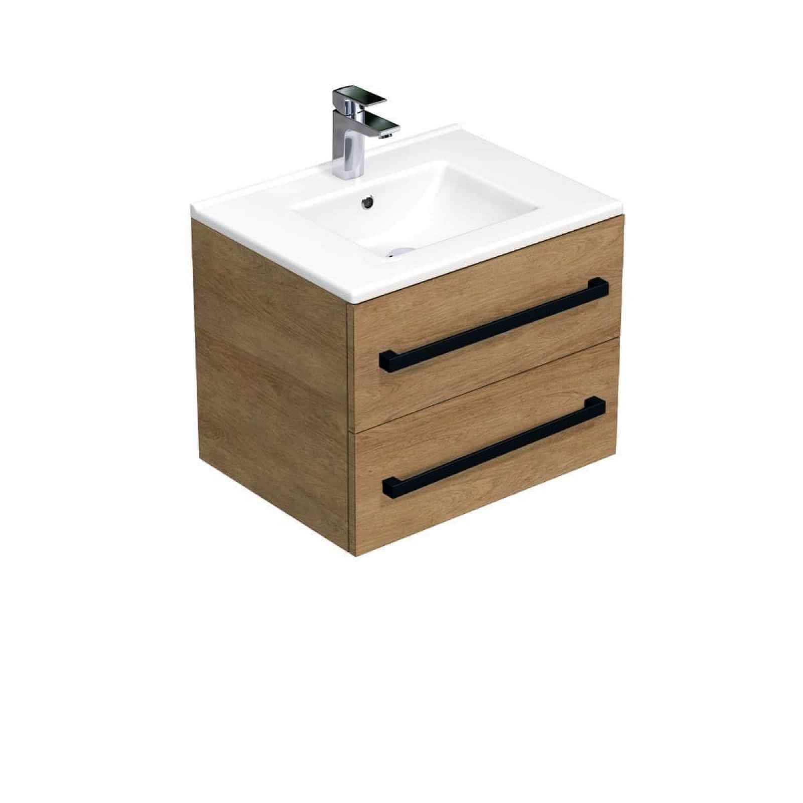 Koupelnová skříňka s černou úchytkou a umyvadlem SAT Cube Way 60x47,5x46 cm dub Hickory mat CUBE46C602DHMOD