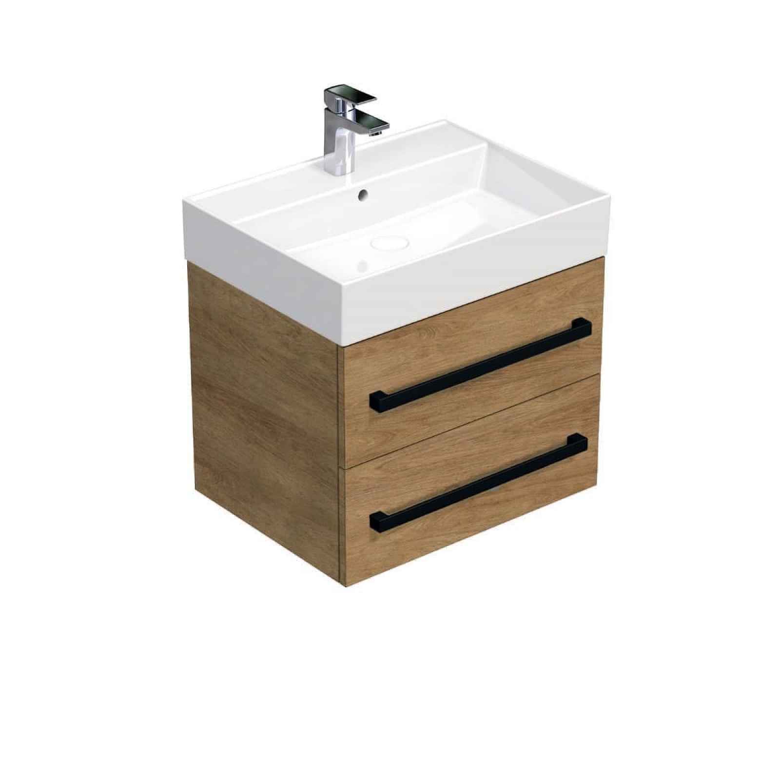 Koupelnová skříňka s černou úchytkou a umyvadlem SAT Cube Way 60x71x46 cm dub Hickory mat CUBE46C603DHSAT