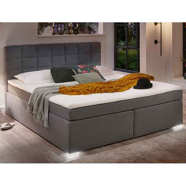 Postel boxspring s osvětlením Fargo 180x200 cm, šedá látka