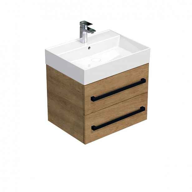 Koupelnová skříňka s černou úchytkou a umyvadlem SAT Cube Way 60x47,5x46 cm dub Hickory mat CUBE46C602DHSAT