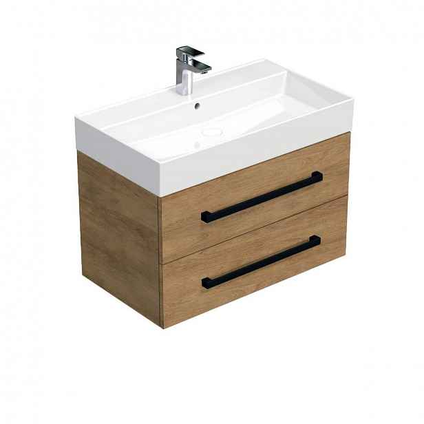 Koupelnová skříňka s černou úchytkou a umyvadlem SAT Cube Way 80x47,5x46 cm dub Hickory mat CUBE46C802DHSAT